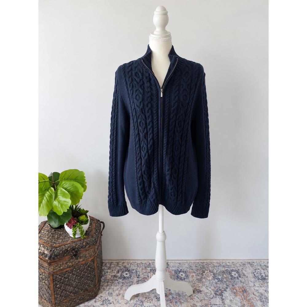 L.L.Bean Women's L Navy Cable Knit Full Zip Sweater 100% Cotton Preppy